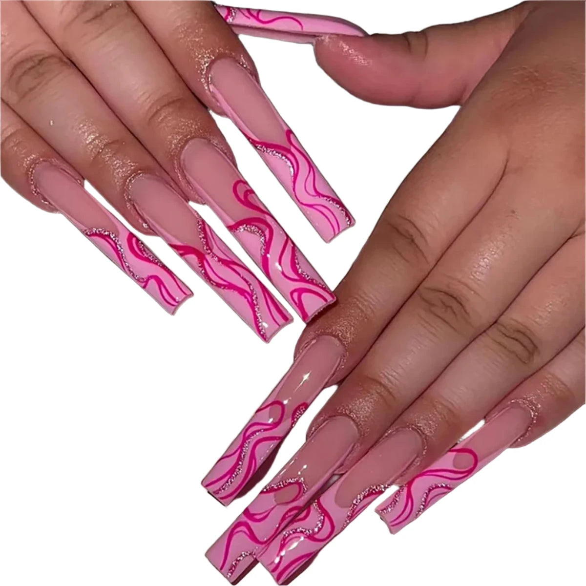 TEEK - 24pc Extra Long Coffin Irregular Lines Sparkling Pink False Nails NAIL ART theteekdotcom   