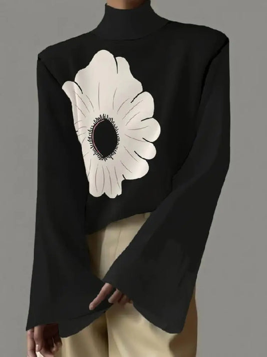TEEK - Flared Sleeves Flower Print Black Top TOPS theteekdotcom S  