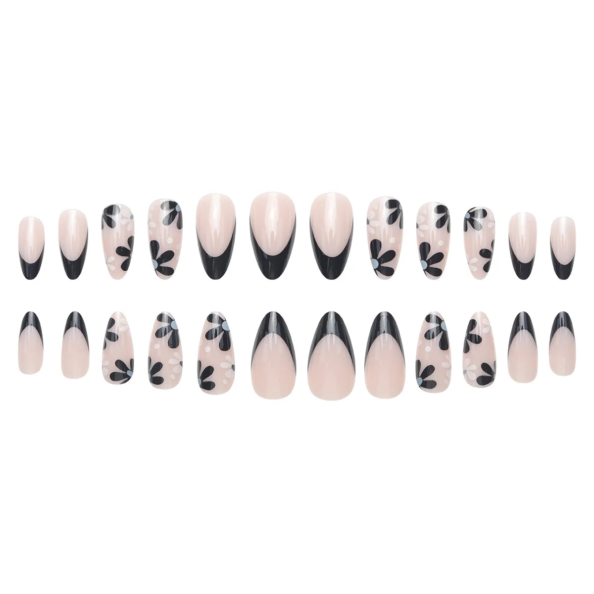 TEEK - 24 Long Almond Black French Petal False Nails NAIL ART theteekdotcom   