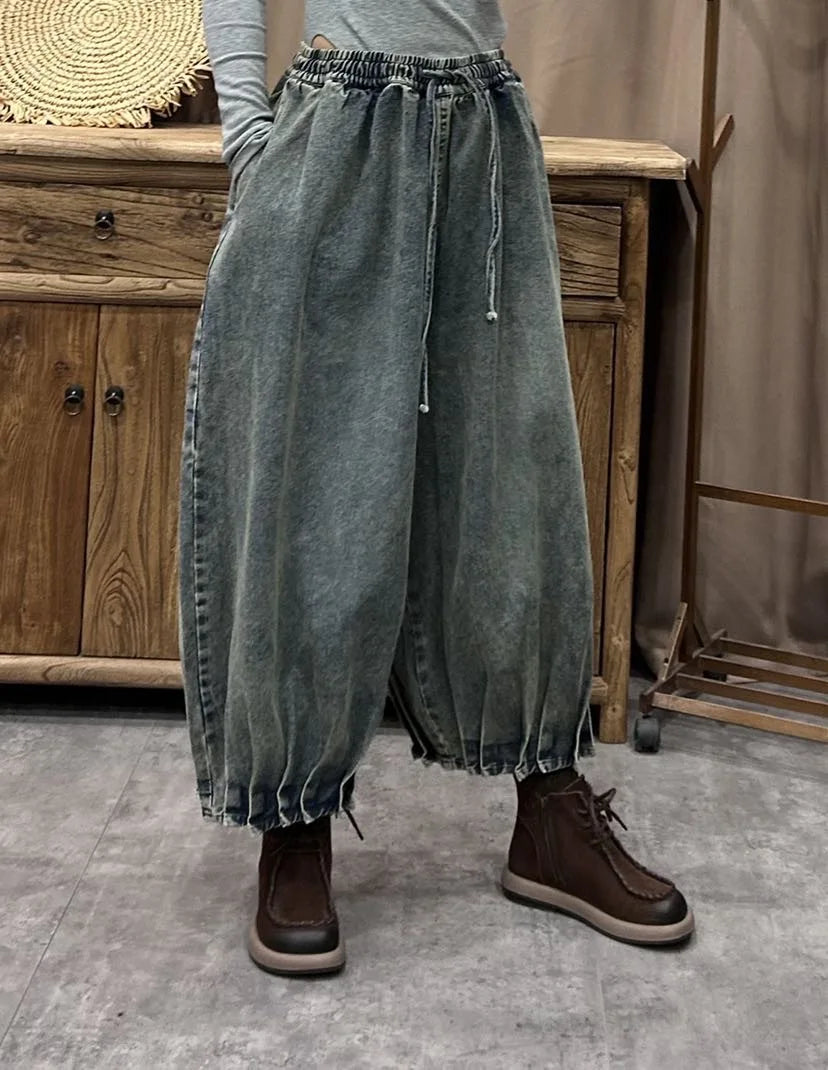 TEEK - Ethnic Elastic Waist Loose Denim Wide Leg Pants PANTS theteekdotcom   