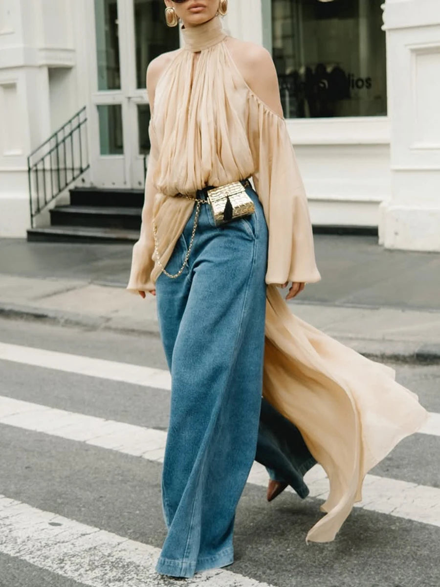TEEK - Off The Single Shoulder vTurtleneck Ruched Oversized Sleeve Blouse TOPS theteekdotcom