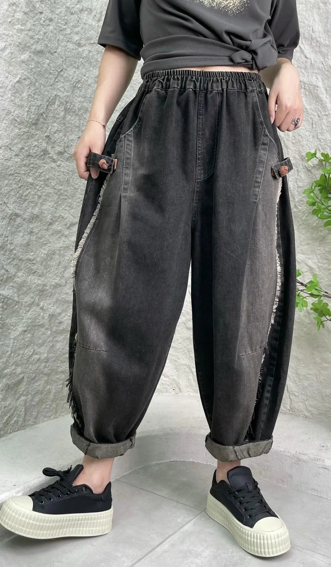 TEEK - Black Distressed Patchwork Pocketed Womens Harem Pants PANTS theteekdotcom XL  