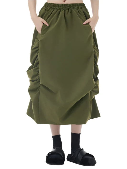 TEEK - Elastic Waist Army Green Pleated Bud Skirt SKIRT theteekdotcom Army Green One Size 