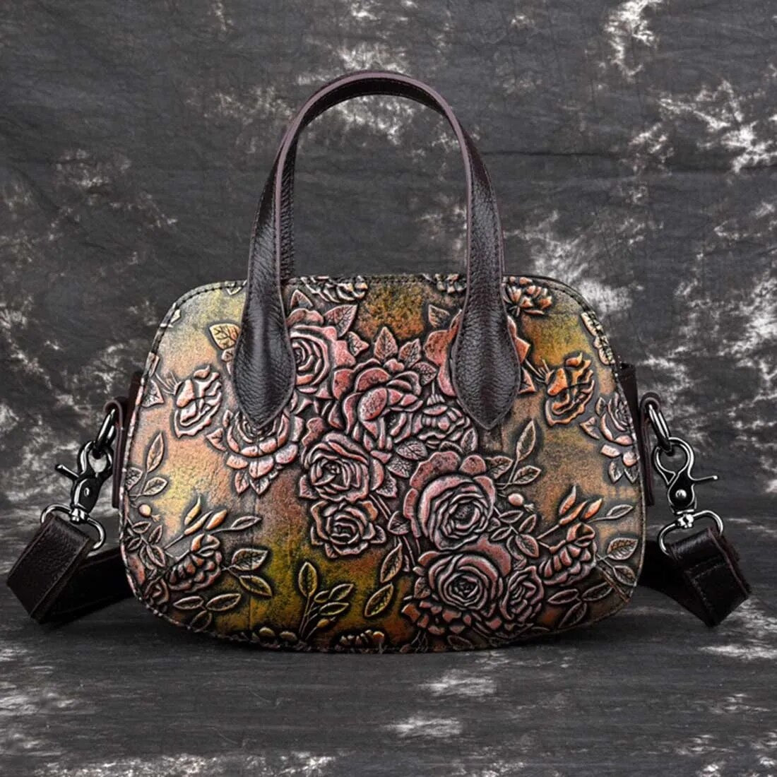 TEEK - Embossed Leather Shell Handbag BAG theteekdotcom Brown  
