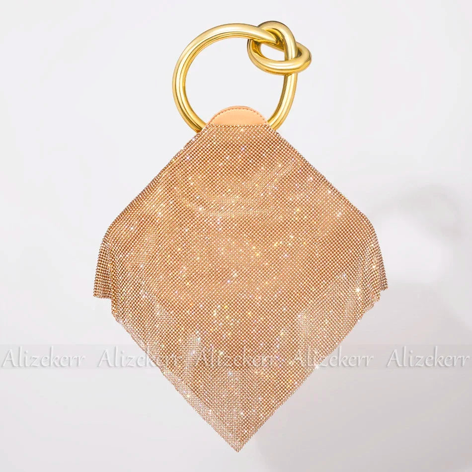 TEEK - Knotted Handle Rhinestone Evening Crystal Clutch BAG theteekdotcom Gold Handle Gold  