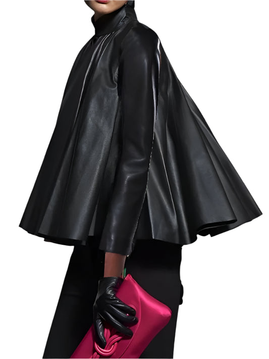 TEEK - Black Faux Leather Pleated A-line Blouse TOPS theteekdotcom