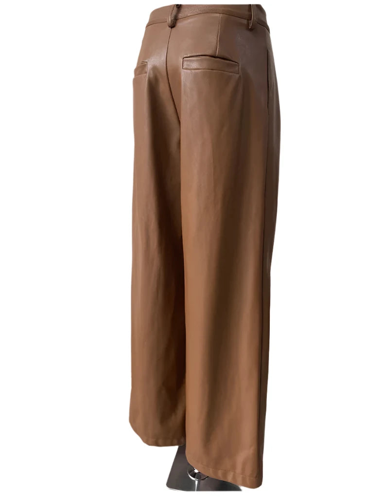 TEEK - Coffee Waterproof Brown Soft Pu Straight Pants PANTS theteekdotcom   