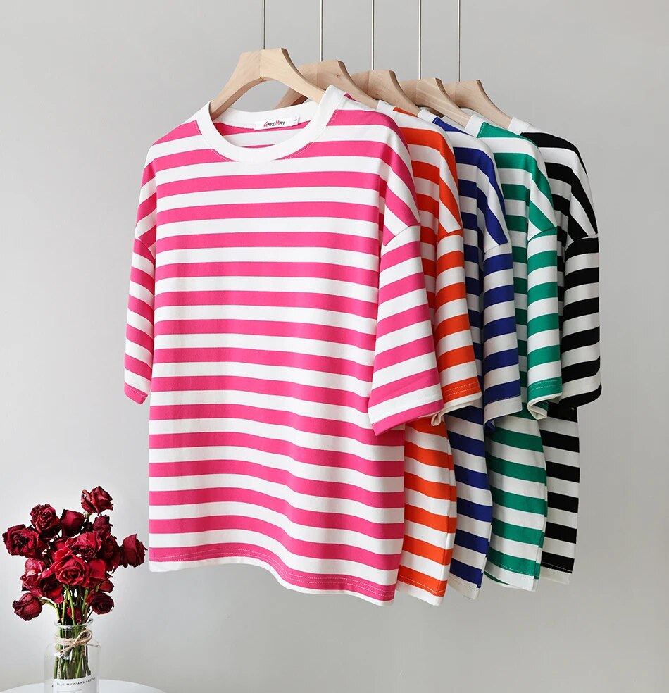 TEEK - Striped Cotton Short Sleeve Oversized T Shirt TOPS theteekdotcom   
