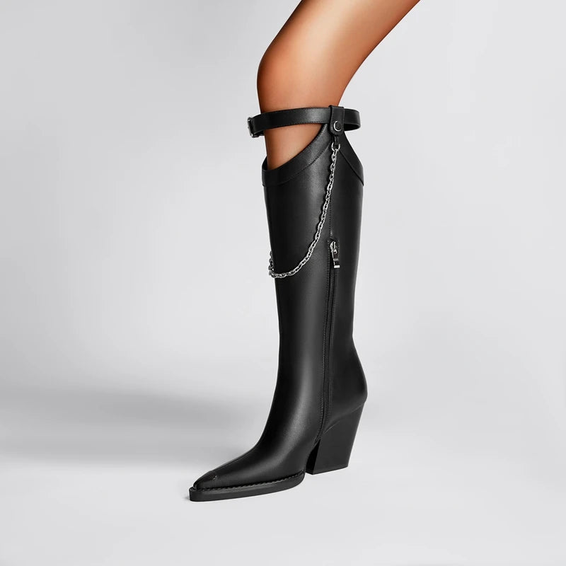 TEEK - Pointed Thick High Heel Chain Buckle Knee High Barrel Boots SHOES theteekdotcom