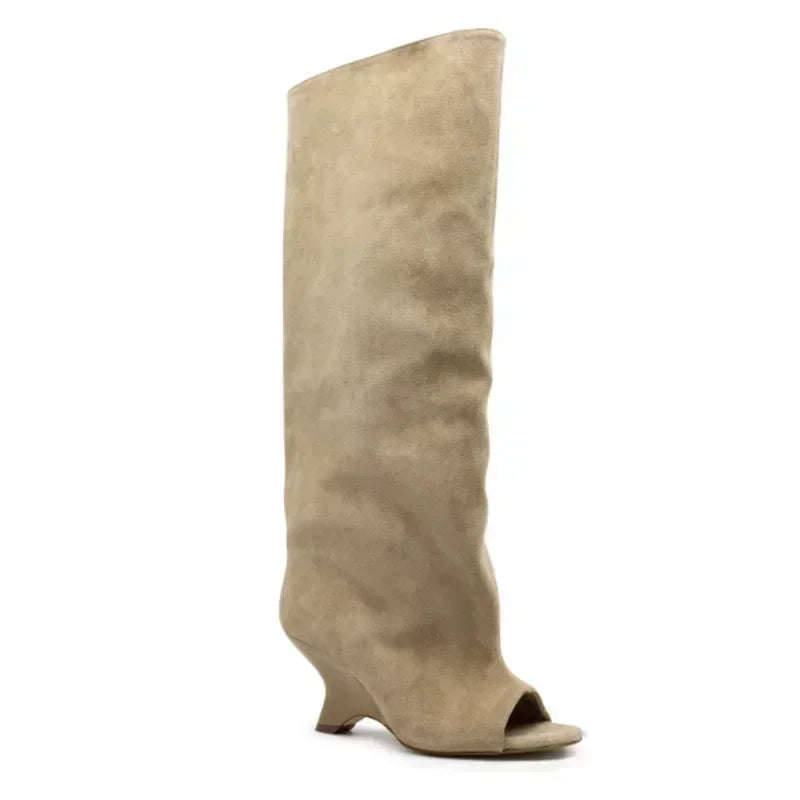 TEEK - Knee High Slope Heel Fish Mouth Boots SHOES theteekdotcom Apricot Suede 5