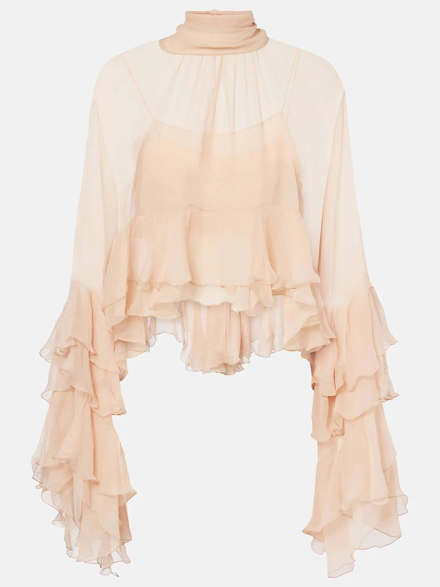 TEEK - Loose Sheer High Neck Long Ruffle Sleeves Blouse TOPS theteekdotcom PINK L