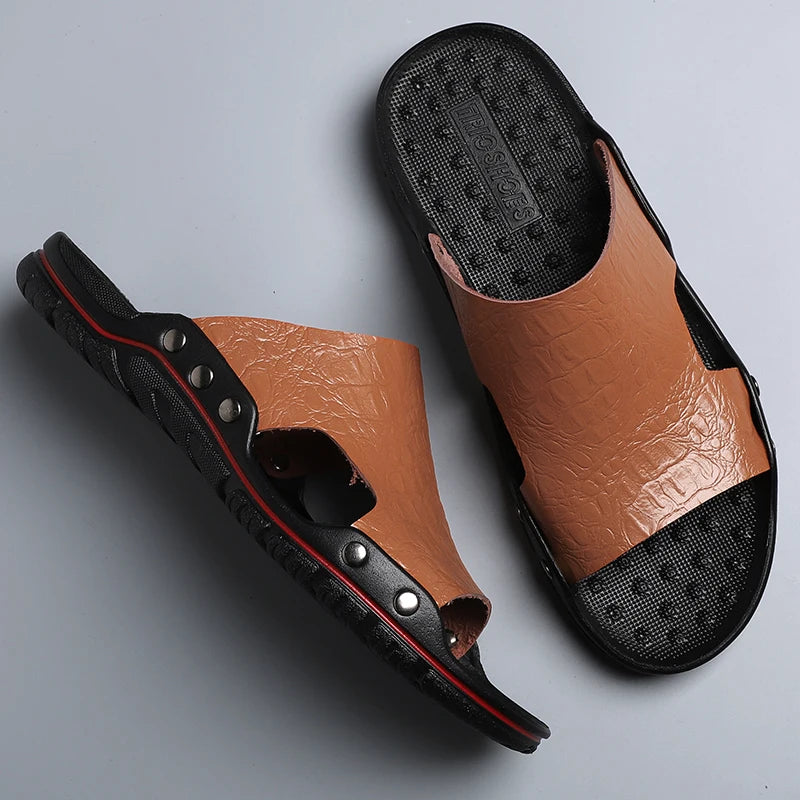 TEEK - Mens Leather Outdoor Slides SHOES theteekdotcom Brown R3900 6.5 