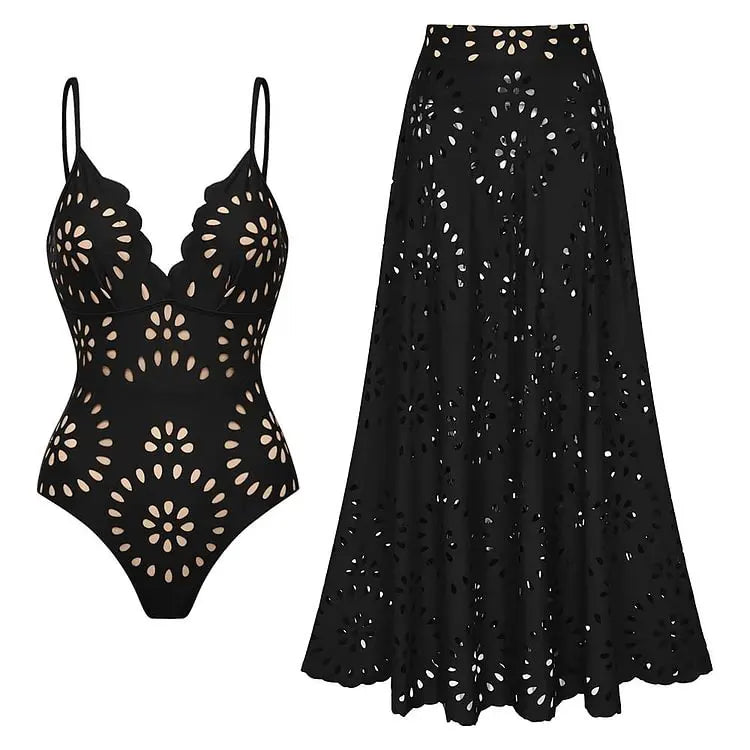TEEK - Flower Hollow One Piece Swimsuit and Skirt