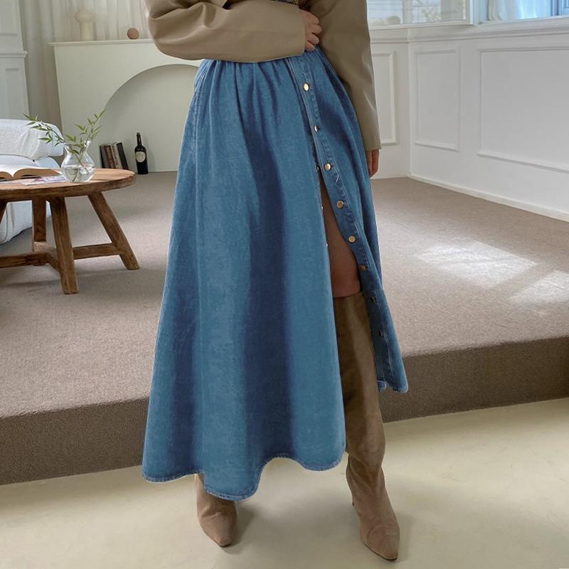 TEEK - High Waist A Line Vintage-Style Denim Skirt Bottom SKIRT theteekdotcom Light Blue S 