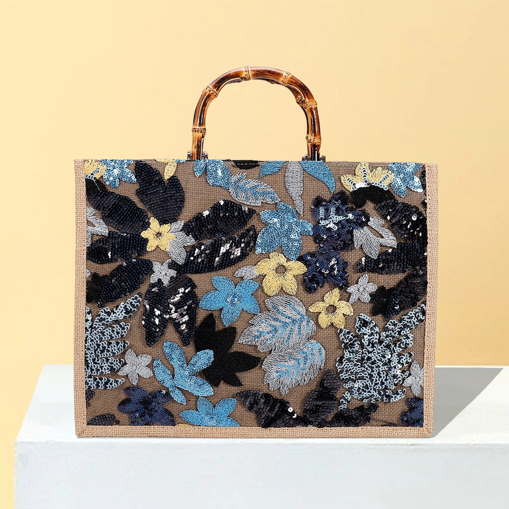 TEEK - Flower Embroidered Straw Tote Bag BAG theteekdotcom Blue  