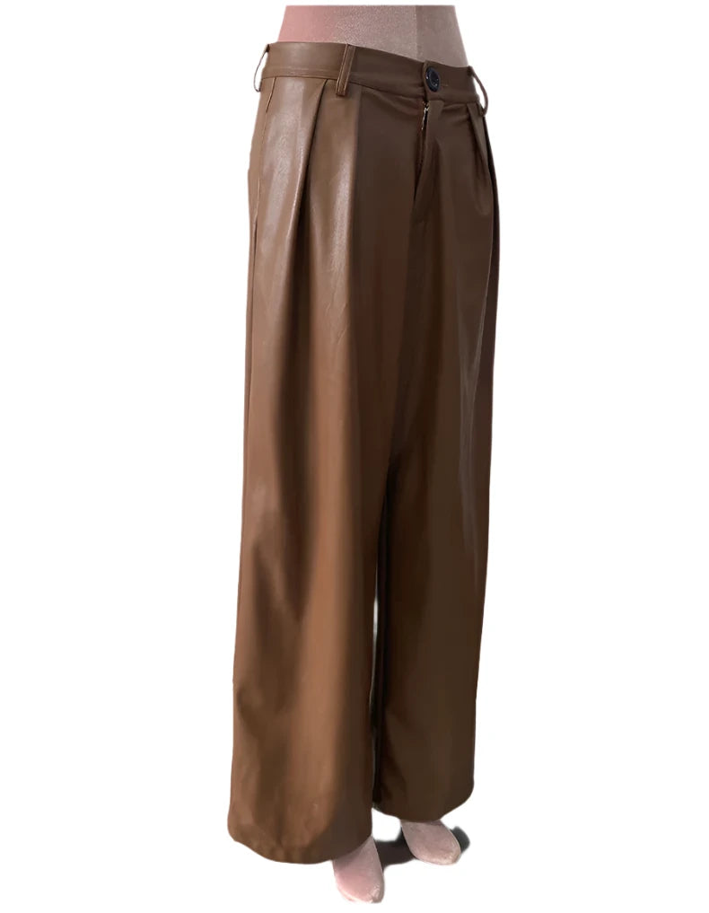 TEEK - Coffee Waterproof Brown Soft Pu Straight Pants PANTS theteekdotcom   