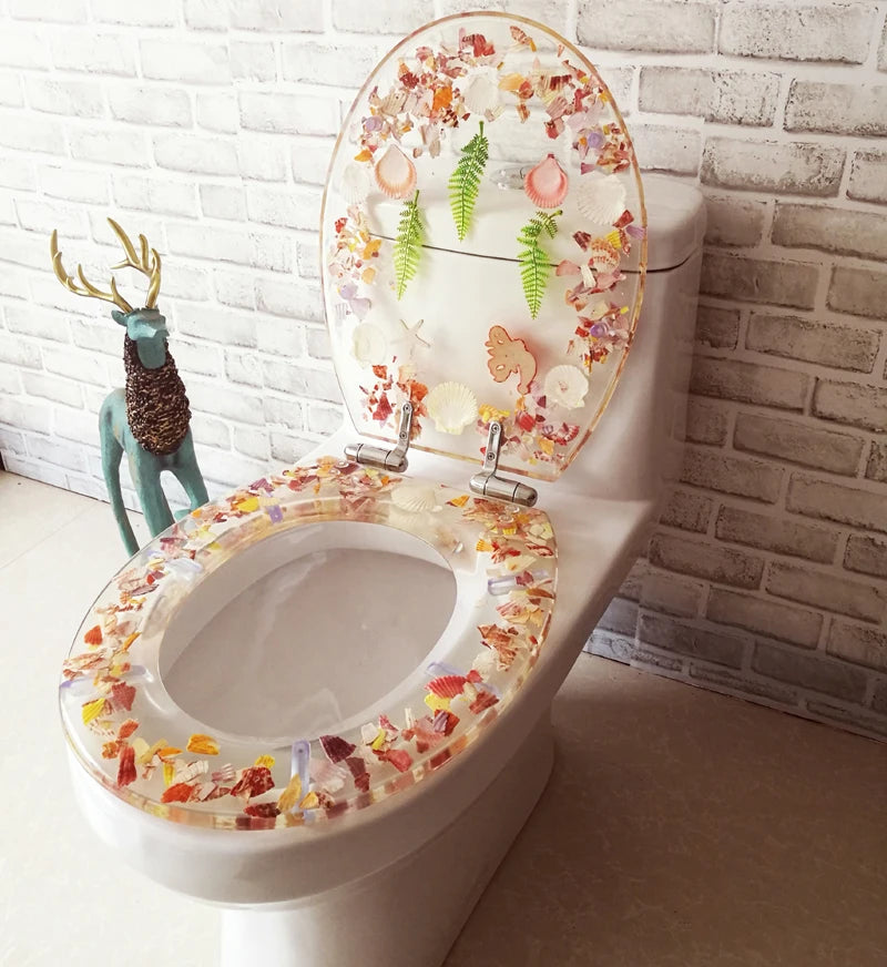 TEEK - Resin Floral Stainless Steel Hinge Toilet Seat Cover HOME DECOR theteekdotcom Color shell up lock  