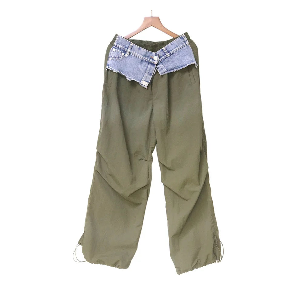 TEEK - Denim Pocket Patchwork Wide Leg Cargo Pants PANTS theteekdotcom Army Green One Size 