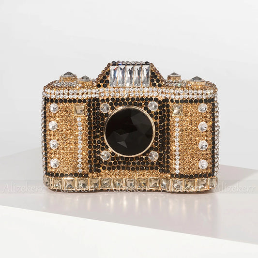 TEEK - Camera Shaped Metallic Rhinestone Handbag BAG theteekdotcom Gold  