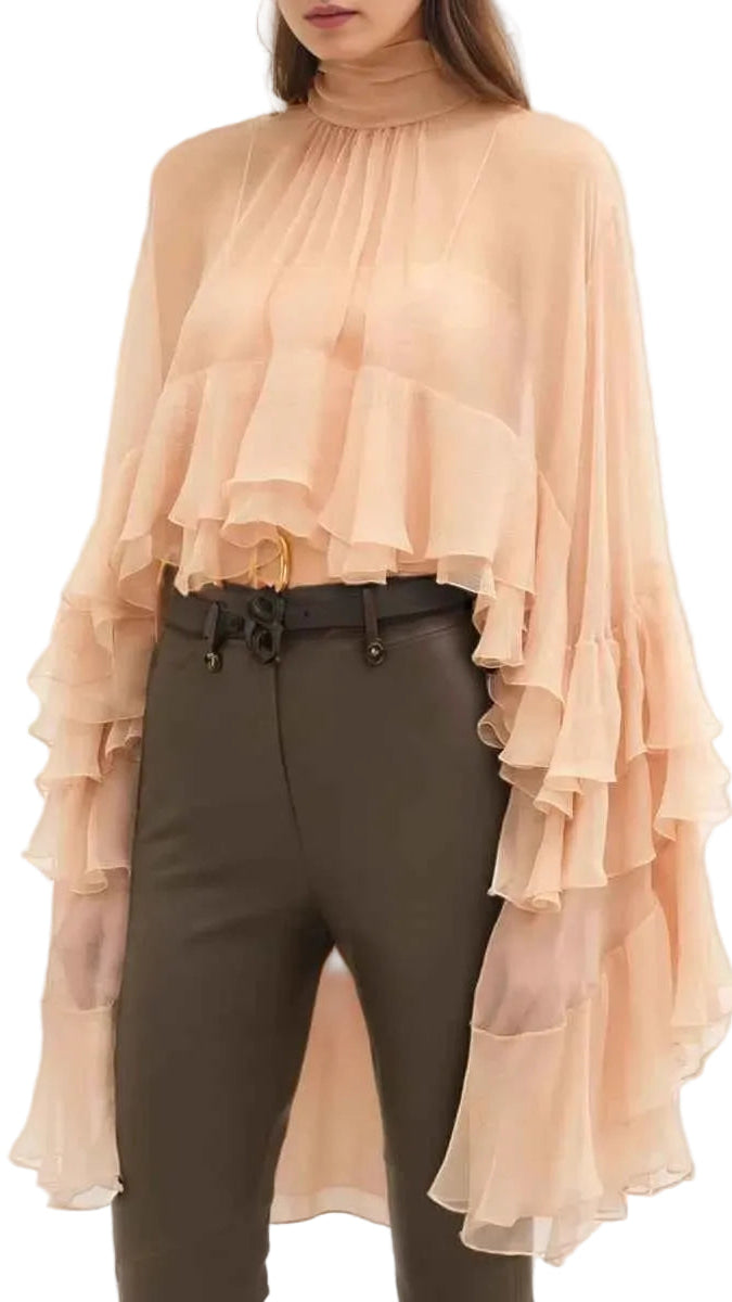 TEEK - Loose Sheer High Neck Long Ruffle Sleeves Blouse TOPS theteekdotcom