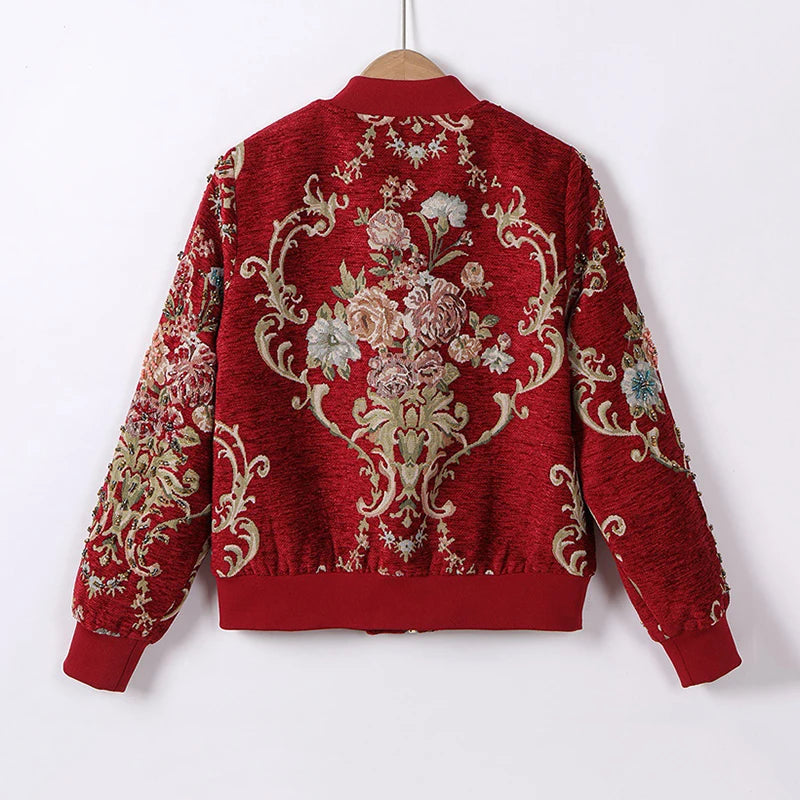 TEEK - Red Jacquard Beaded Embroidery Bomber Jacket