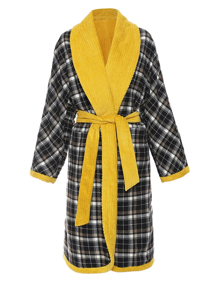 TEEK - Womens Yellow Plaid Belted Reversible Robe ROBE theteekdotcom One Size  