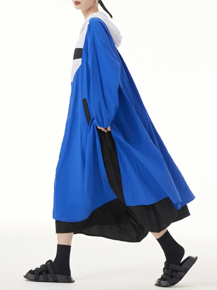 TEEK - Blue Color-Block Long Trench Hooded Windbreaker COAT theteekdotcom   