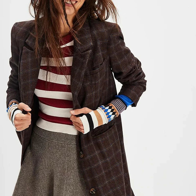 TEEK - Striped Print Contrast Pullover Long Sleeve Slim Cropped Sweater