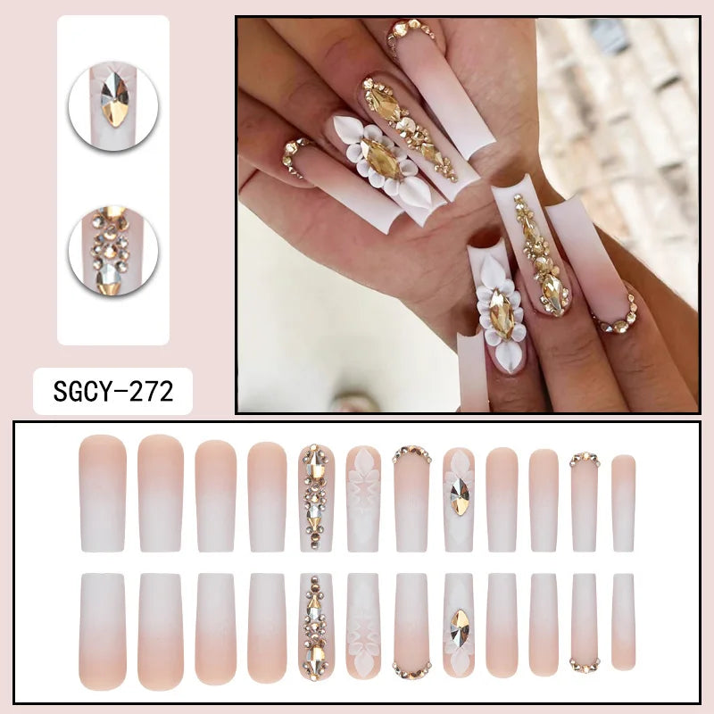 TEEK - 24pc Long Coffin White Gradient Flower Frosted False Nails NAIL ART theteekdotcom   