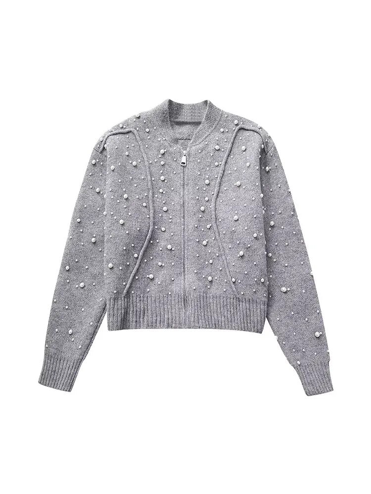 TEEK - Faux Pearl Knitted Bomber Sweater JACKET theteekdotcom S  