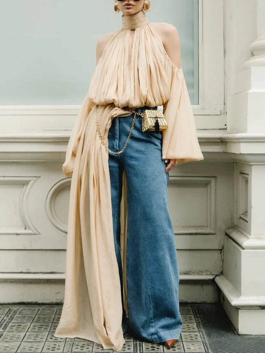 TEEK - Off The Single Shoulder vTurtleneck Ruched Oversized Sleeve Blouse TOPS theteekdotcom APRICOT S
