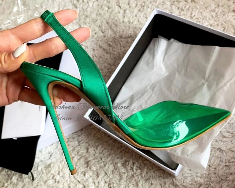 TEEK - Surkova Orange Green Transparent PVC High Heel Shoes Elegant Satin Cloth Slingback Wedding Pumps Pointed Toe 12cm 10cm 8cm Heels SHOES TEEK