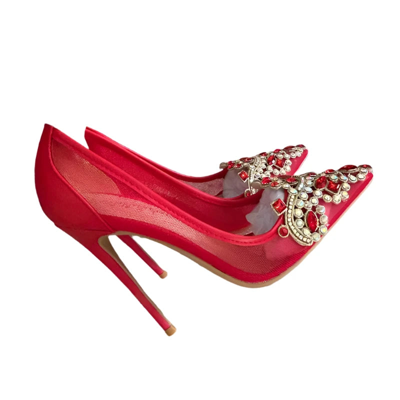 TEEK - Red Bejeweled Mesh Mentioned High Heels SHOES theteekdotcom