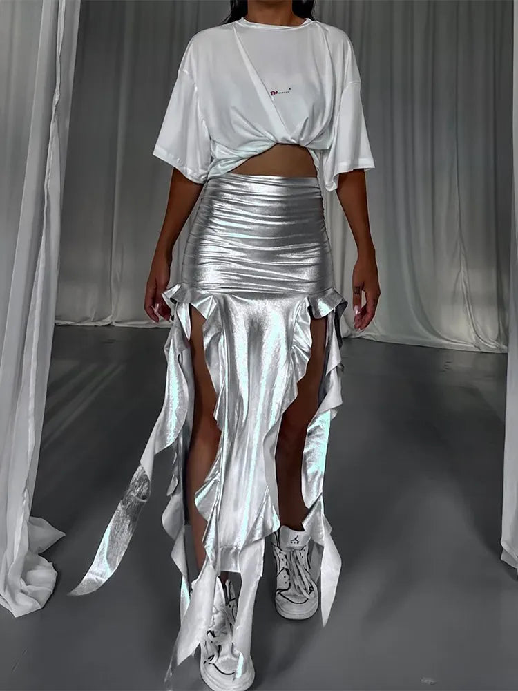 TEEK - High Waist Tassel Leg Long Skirt SKIRT theteekdotcom Silver S 