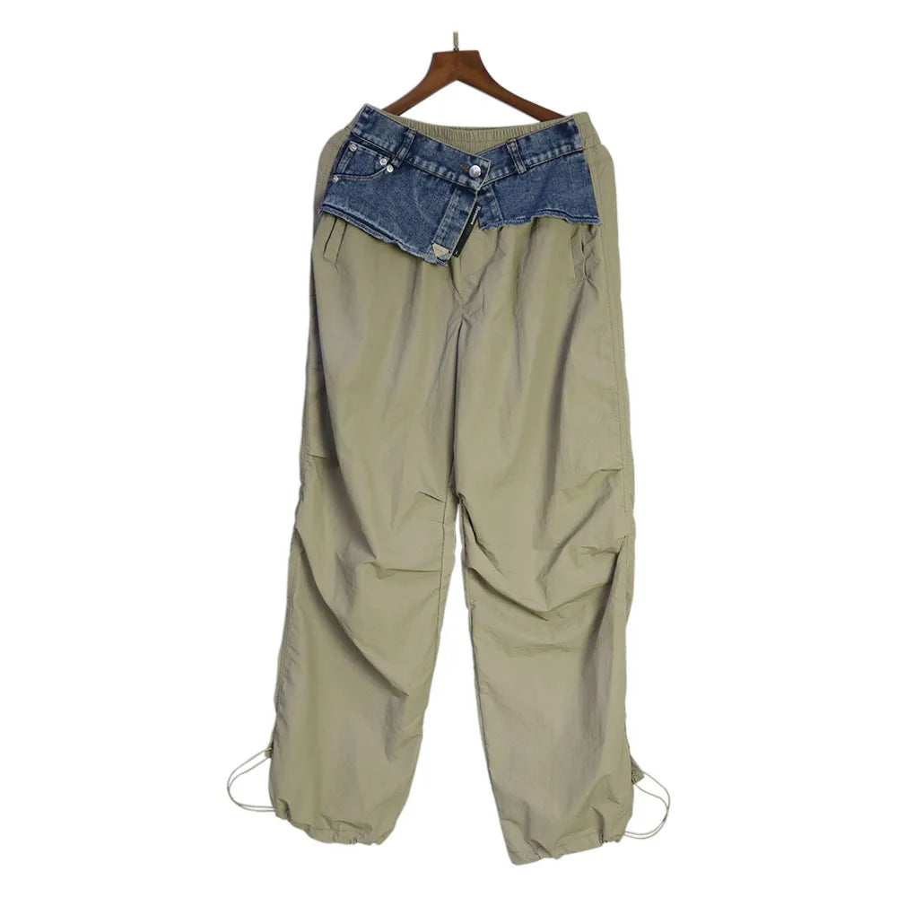 TEEK - Denim Pocket Patchwork Wide Leg Cargo Pants PANTS theteekdotcom Khaki One Size 