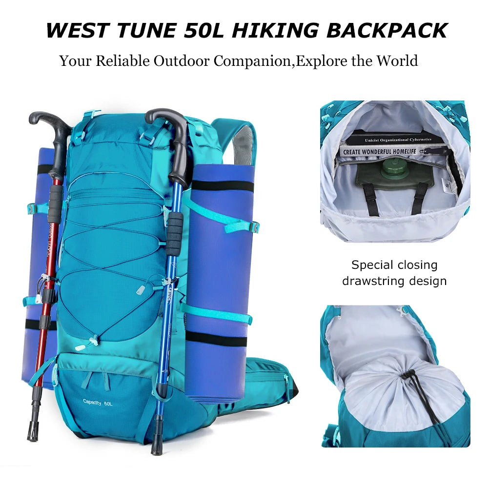 50L Hiking Backpack with Rain Cover Waterproof Rucksack Blue 50L Hiking Backpack with Rain Cover Waterproof Rucksack Blue