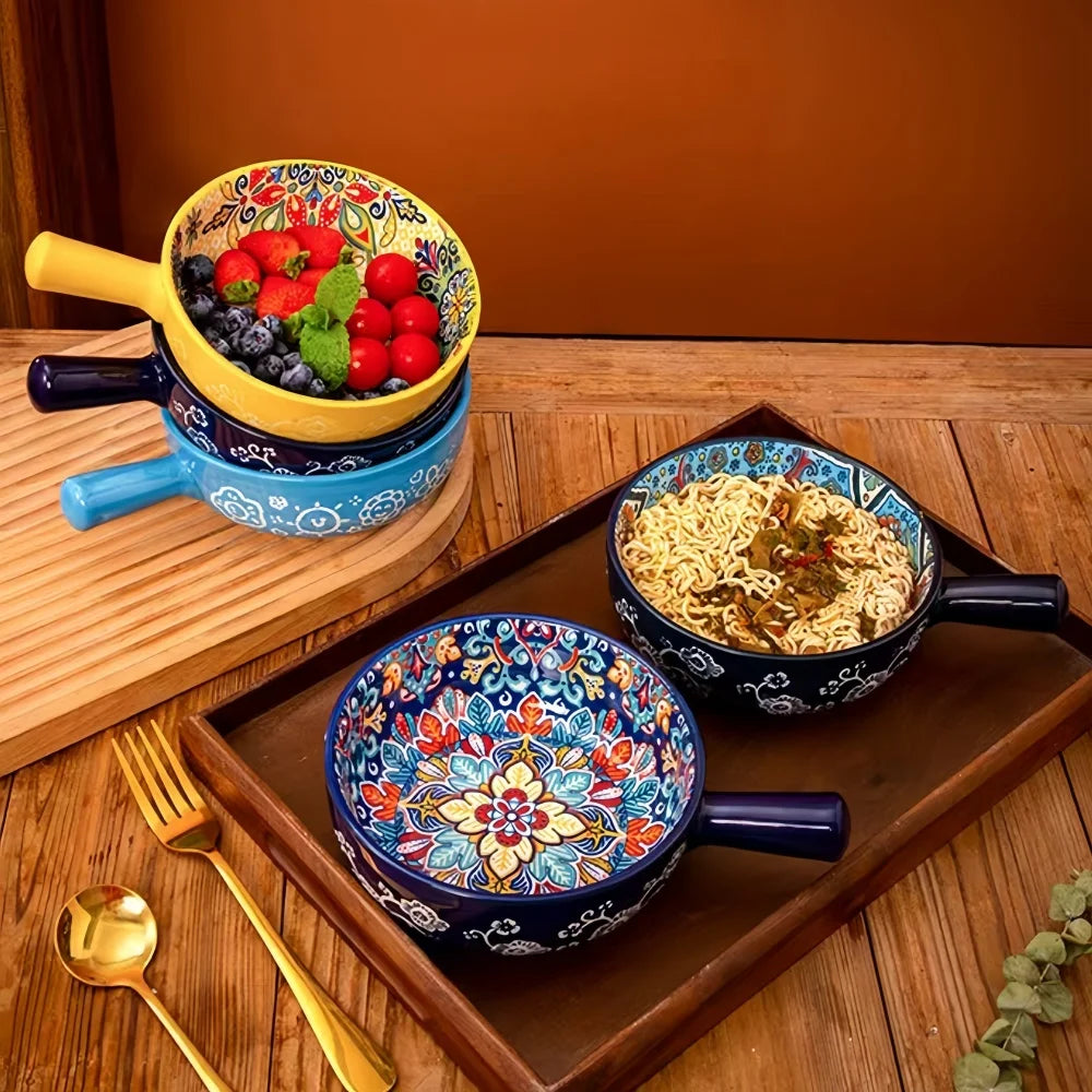 Bohemian Ceramic Hand-Painted Embossed Patterned Salad Bowl with Handle Kitchen Bakeware Microwave & Oven Safe 1 pc TEEK