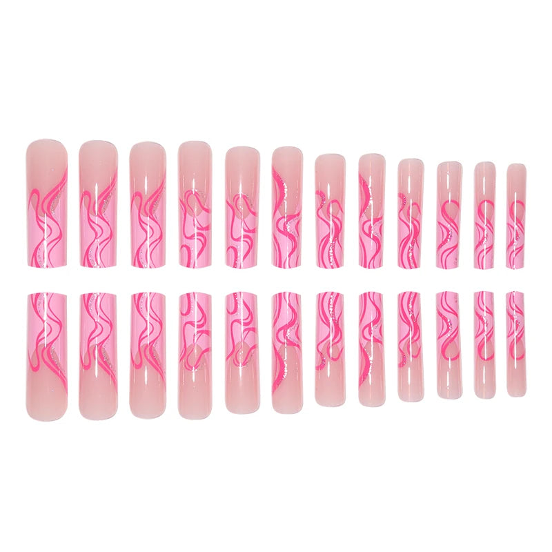 TEEK - 24pc Extra Long Coffin Irregular Lines Sparkling Pink False Nails NAIL ART theteekdotcom   