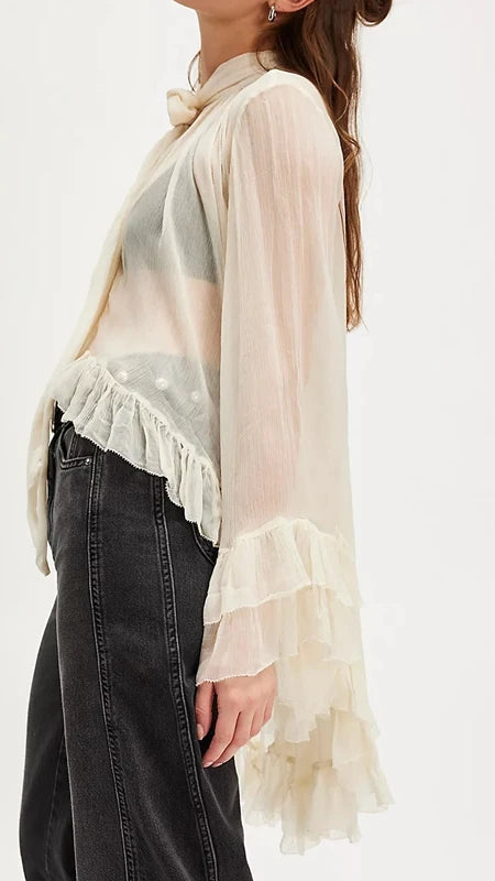 Women Chic Irregular Ruffled Hem Cape Top Bow Tied Neck Shirts Solid Color See Through Loose Fit Long Sleeve Blouses TEEK