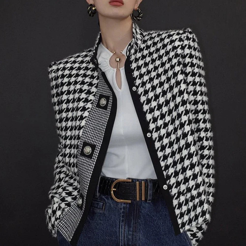 TEEK - Houndstooth Stand Collar Long Sleeve Jacket JACKET theteekdotcom S