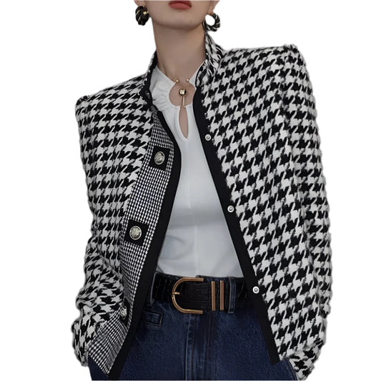 TEEK - Houndstooth Stand Collar Long Sleeve Jacket JACKET theteekdotcom