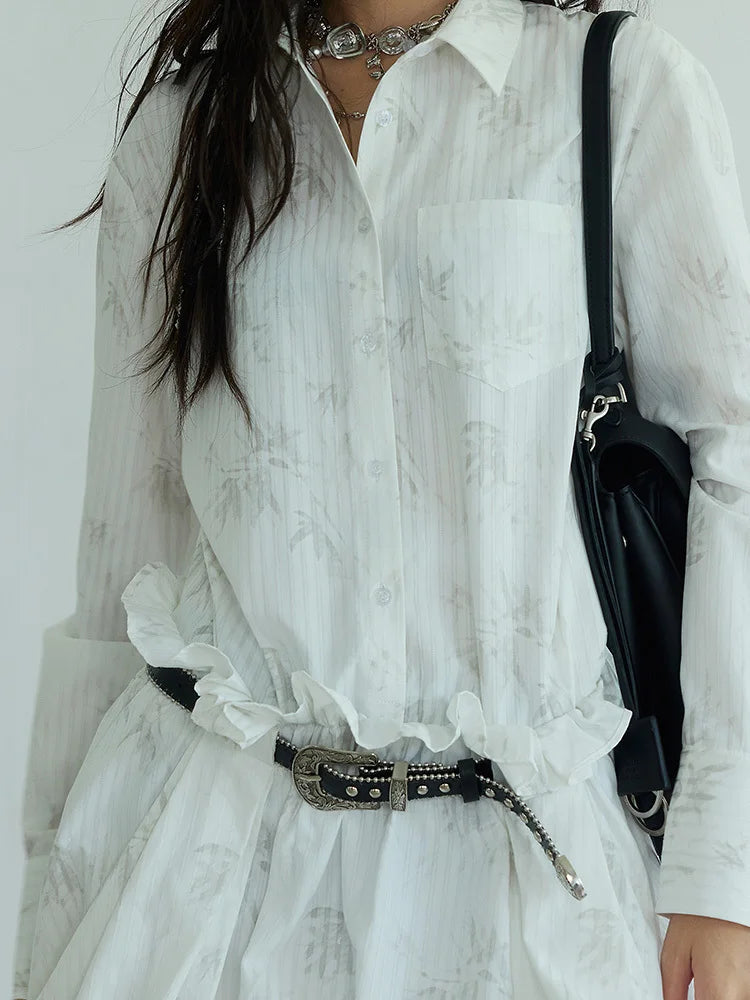 TEEK - White Pattern Belted Ruffles Shirt Dress DRESS theteekdotcom   