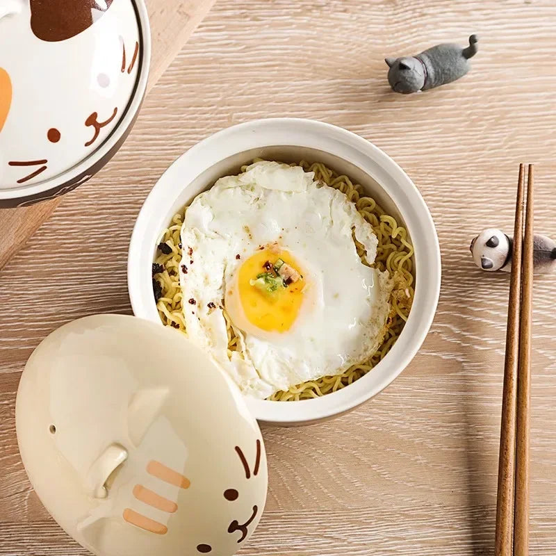 TEEK - Cat Face Lid Ceramic Noodles Bowl Tableware HOME DECOR theteekdotcom   