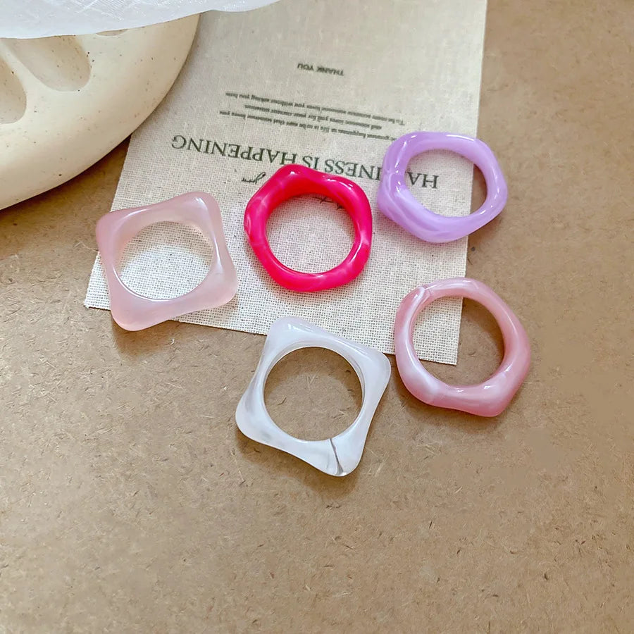 2 Pcs Square Round Irregular Smuding Acrylic Rings for Women Geometric Candy Color Sweet Resin Index Finger Ring Jewelry Sets F TEEK Style6