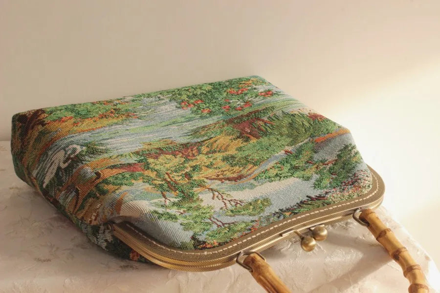 TEEK - Vintage French Tapestry Purse Clutch Bamboo Handbag BAG theteekdotcom   