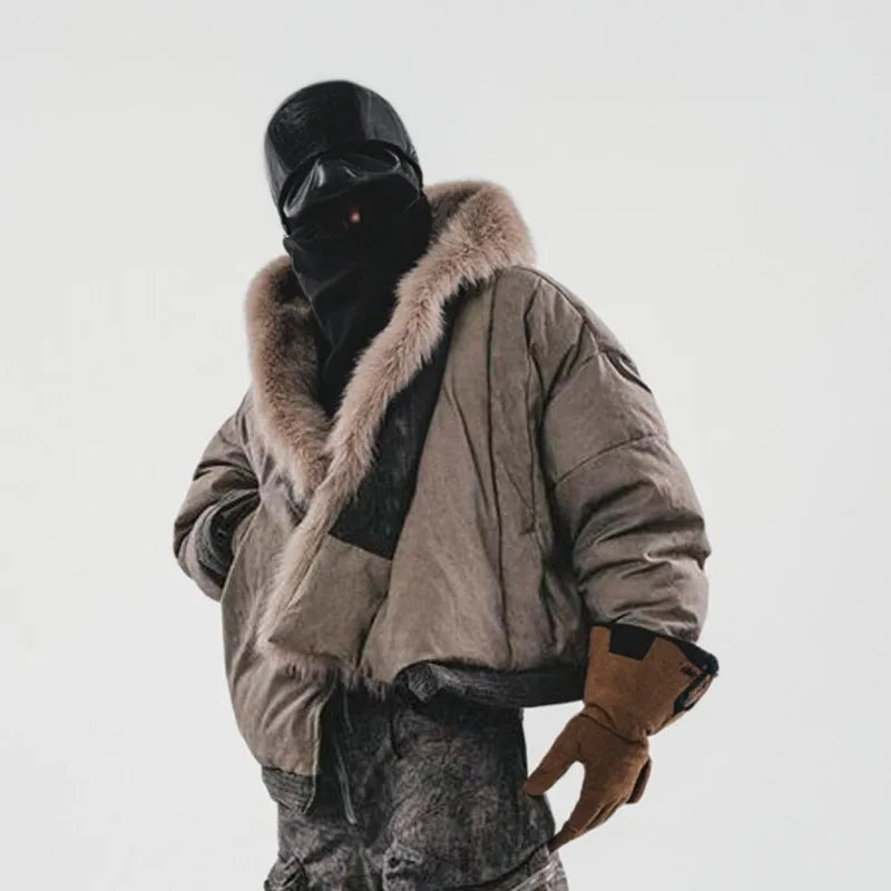 TEEK - Mens Techwear Detachable Fur Collar Robe Down Coat HK3367 JACKET theteekdotcom