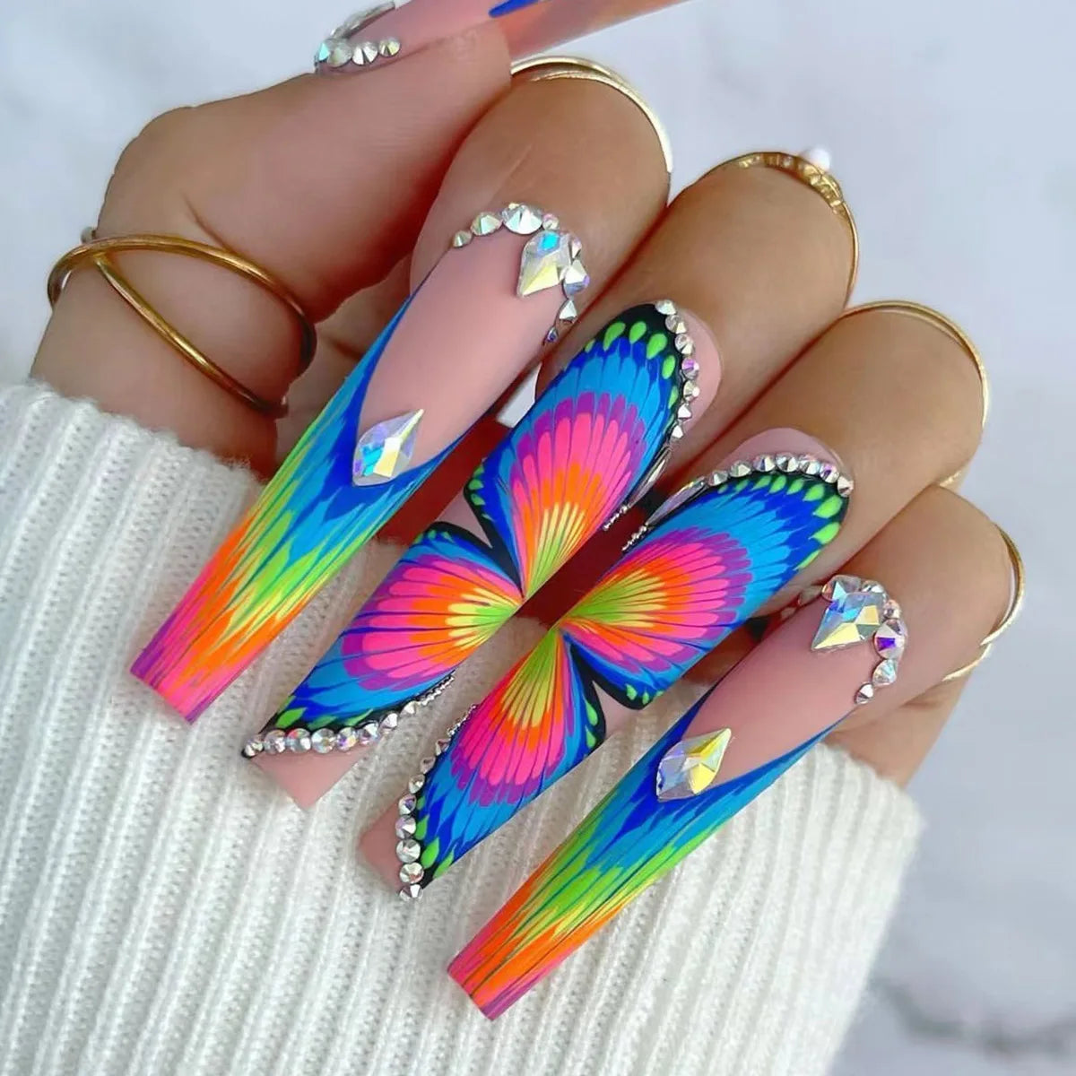 TEEK - 24PC Long Coffin Frosted Rainbow Butterfly Fake Nails NAIL ART theteekdotcom   