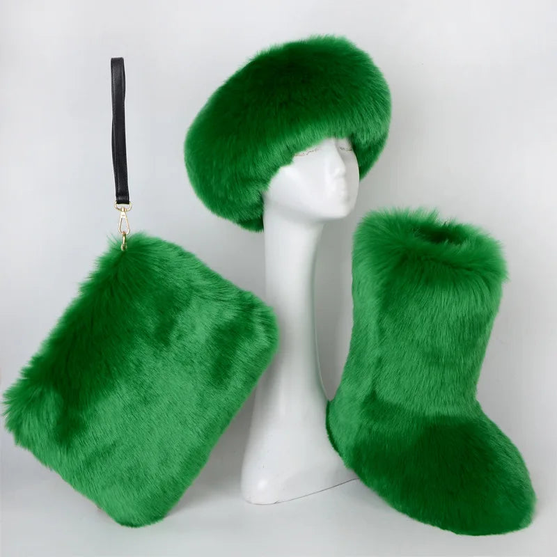 TEEK - Faux Fox Fur Snow Boots Velvet Headband Handbag Set SET theteekdotcom Emerald 6.5 