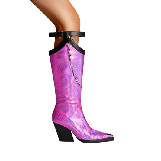 TEEK - Pointed Thick High Heel Chain Buckle Knee High Barrel Boots SHOES theteekdotcom