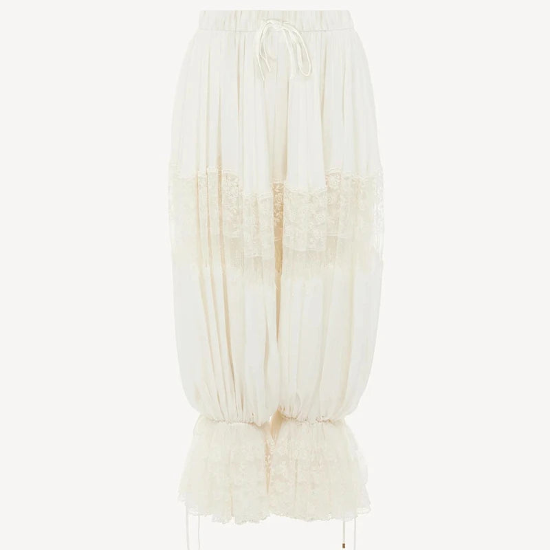 Women Floral Lace Sheer See-through Patchwork Bloomers Casual Loose Drawstring Elastic High Waist Cropped Capri Pants Trousers TEEK WHITE L